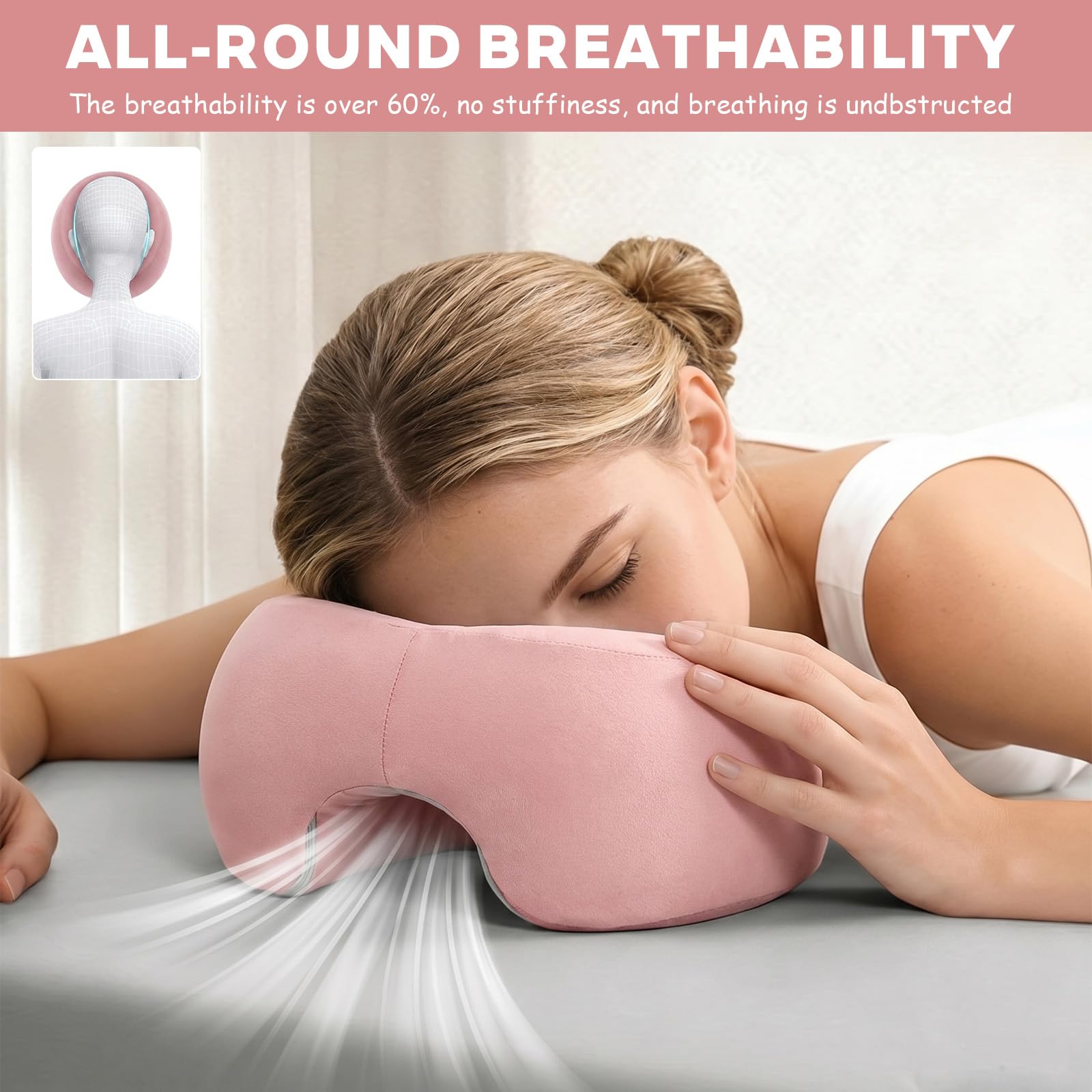 Almohada de Masaje Facial Boca Abajo con Agujero - Reposacabezas en Forma de U con Espuma Viscoelástica - Ideal para Camillas de Masaje, SPA, Salones de Belleza y Uso Doméstico（Rosa）