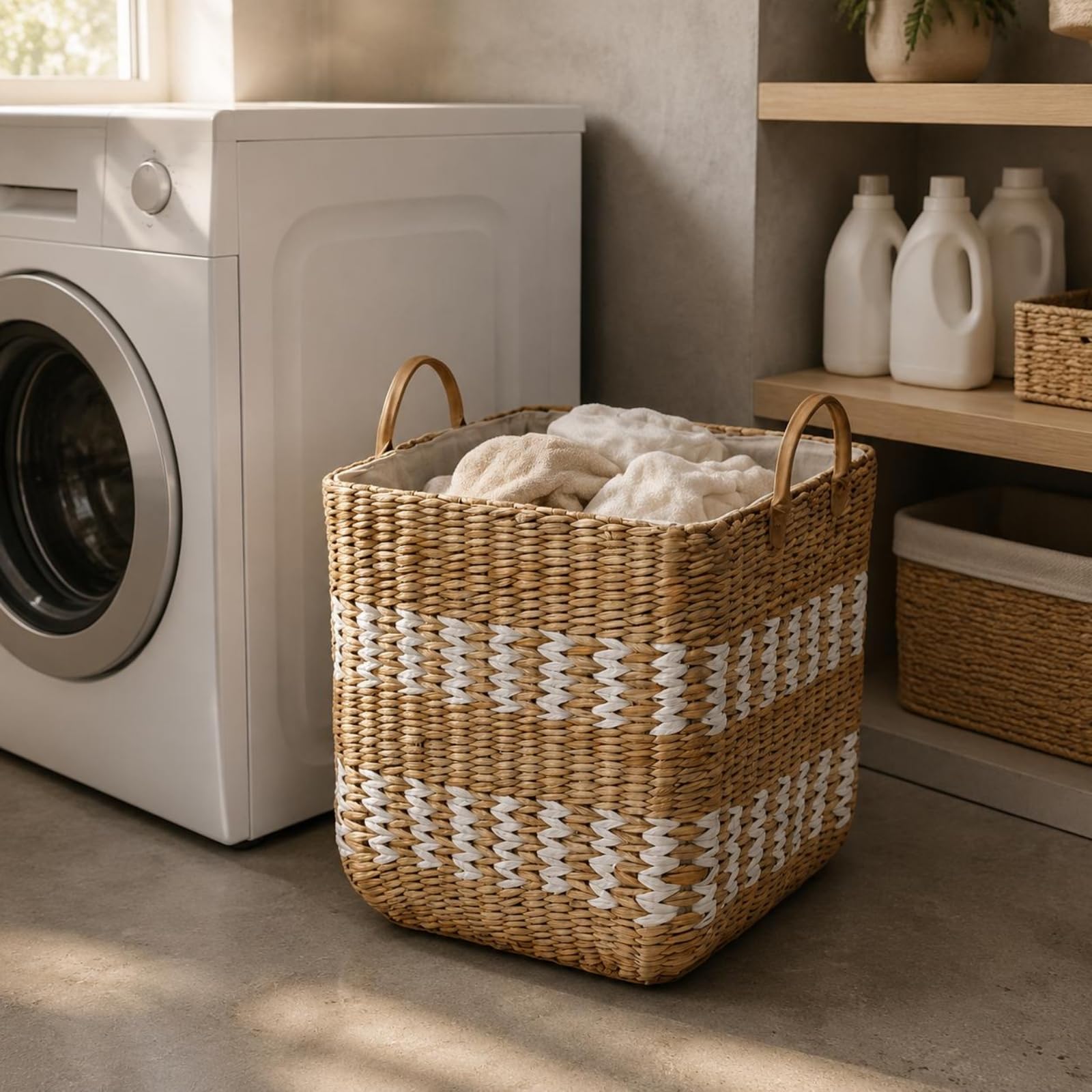 Cesto Porta Biancheria Cestino Organizer Contenitore in Stile Intrecciato Struttura Solida Liner Rimovibile Manici Confortevoli per Trasporto Adatto per Bucato Guardaroba