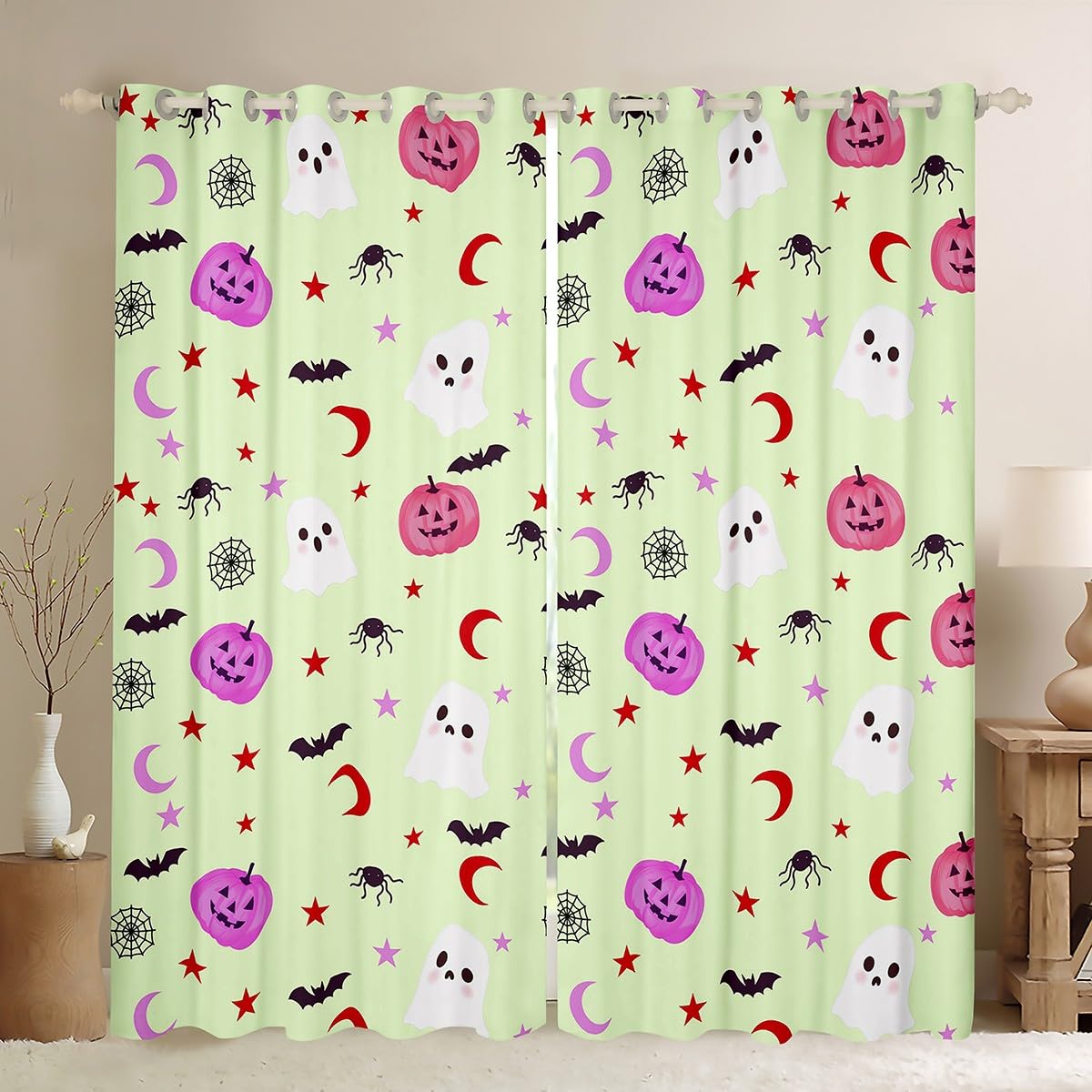 Szczęśliwa zasłona na Halloween, dekoracja domu, miły duch, nietoperz, pająk, siatka na okno, dla dziewcząt, chłopców, kreskówka, dynia, gwiazdy, księżyc, zielona, do biura, rozmiar XXL
