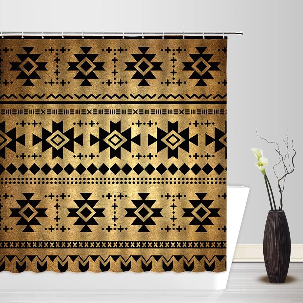 Boho Geometric Shower Curtain Brown Black Aztec Modern Farmhouse Tribal Retro Western Abstract Mid Century Fabric Bathroom Decor Curtain with Hooks