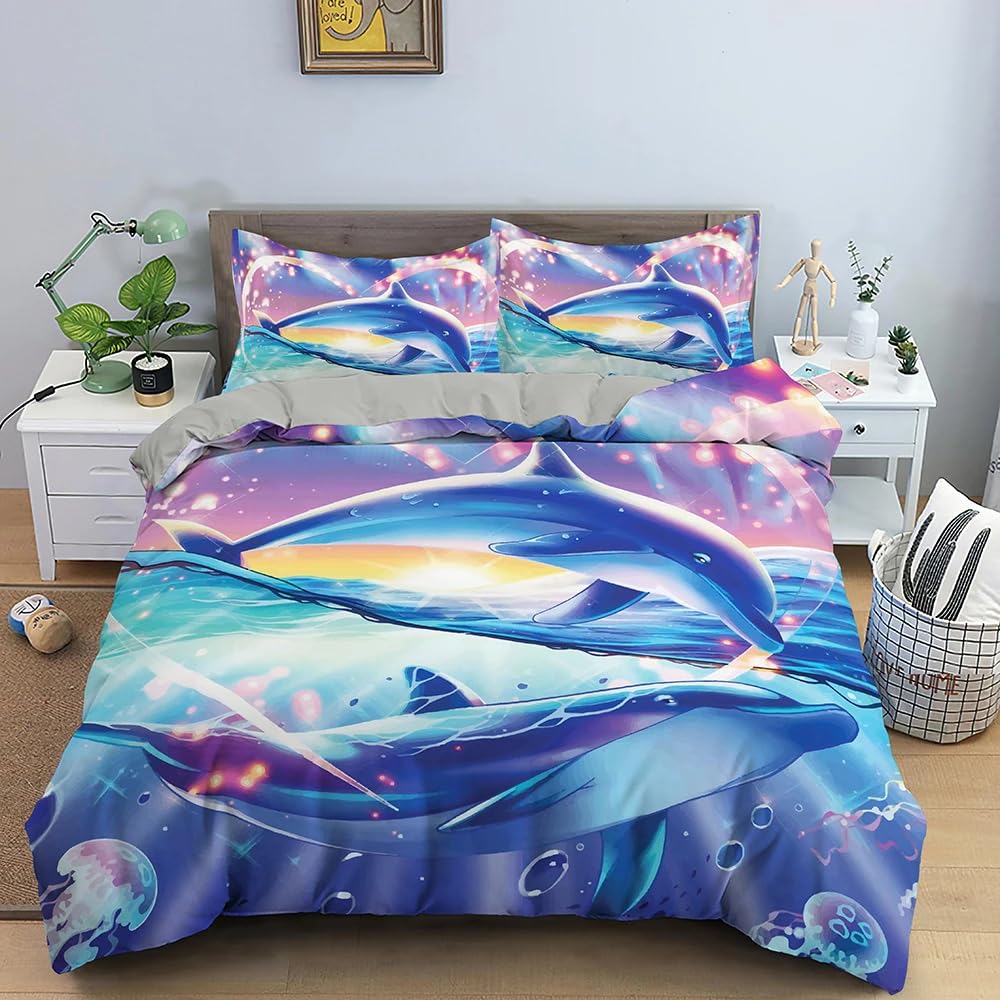 QBIDCSX King Size Duvet Cover Sets Dolphins King Size Bedding Sets Patterned Bed ding 230x220 cm and 2 Pillowcases 50x75 cm with Zipper - Warm & Ultra Soft Brushed Microfiber