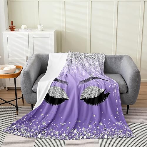 Manta de pestañas, manta de pestañas de unicornio para niñas y mujeres, franela de vellón con purpurina morada, manta mullida de lentejuelas