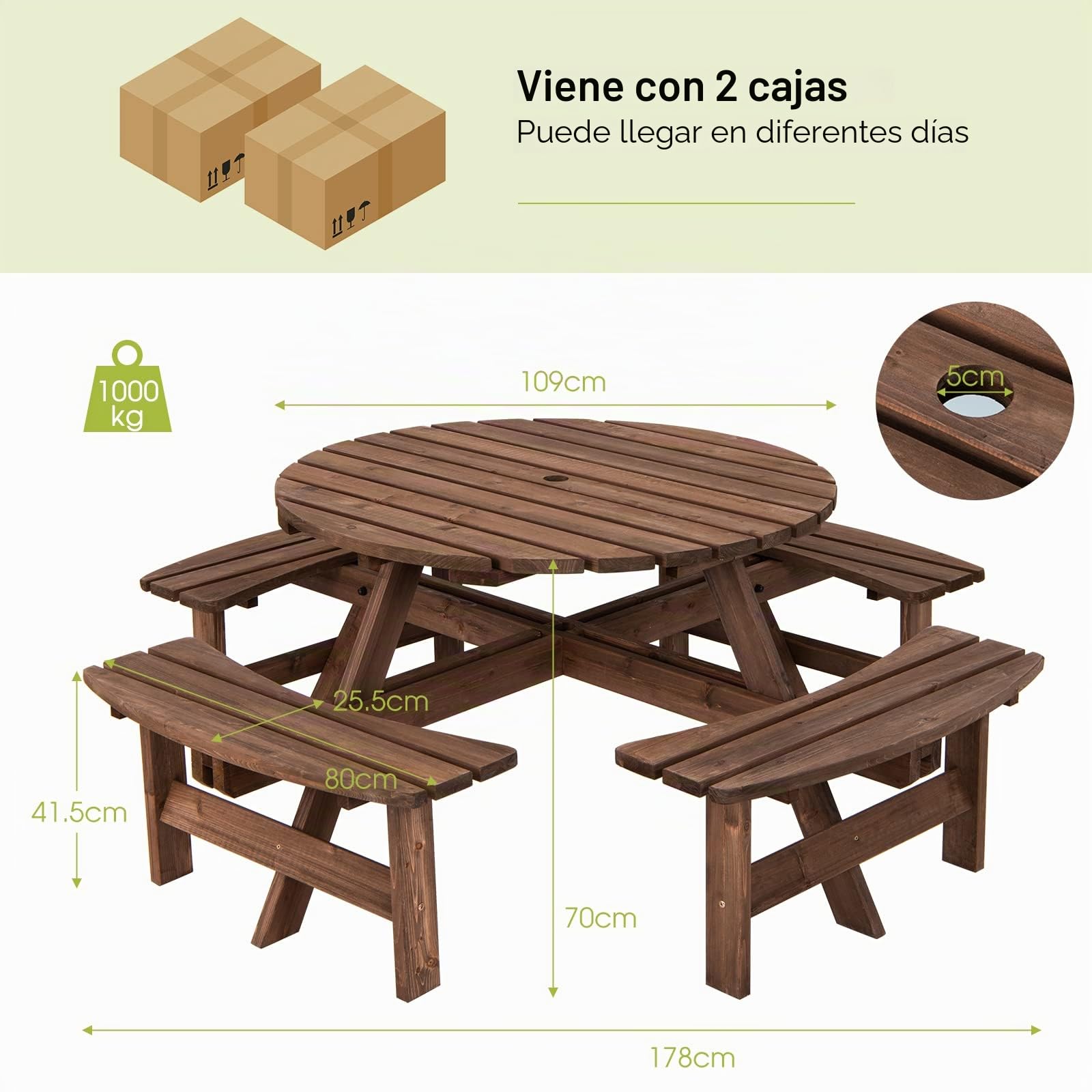 GIANTEX Juego de Muebles de Jardín al Aire Libre de Madera de Abeto para 8 Personas, Juego de Mesa de Picnic con Agujero para Sombrilla para Patio, Jardín, Terraza