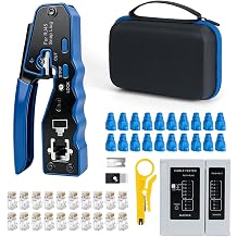 RJ45 Crimp Tool Kit with Hard Case, Pass Through Ethernet Crimper for Cat5e Cat6 Cat6a 8P8C Modular Connectors, All-in-One Cat6 Crimping Tool and Network Cable Tester9V Battery Not Included