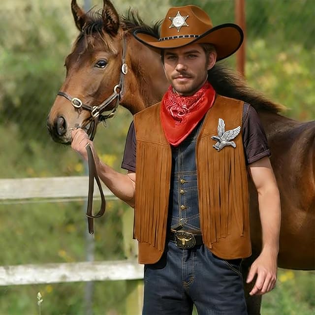 Foto 5 de 7 de Vastsea Traje de vaquero occidental, Disfraz de vaquero, Disfraz vaquero hombre, Con Sombrero, pañuelo, broche