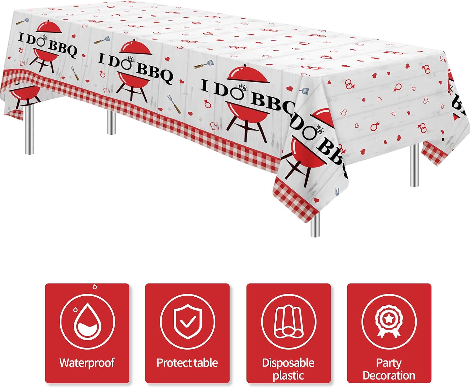 Srua Don I Do BBQ Party Tablecloths Decorations, 3 Pcs Disposable Rustic White Wood Red Gingham Theme BBQ Bridal Shower Table Cover Decorations Party Supplies for Wedding Engagement, 86in x 55in