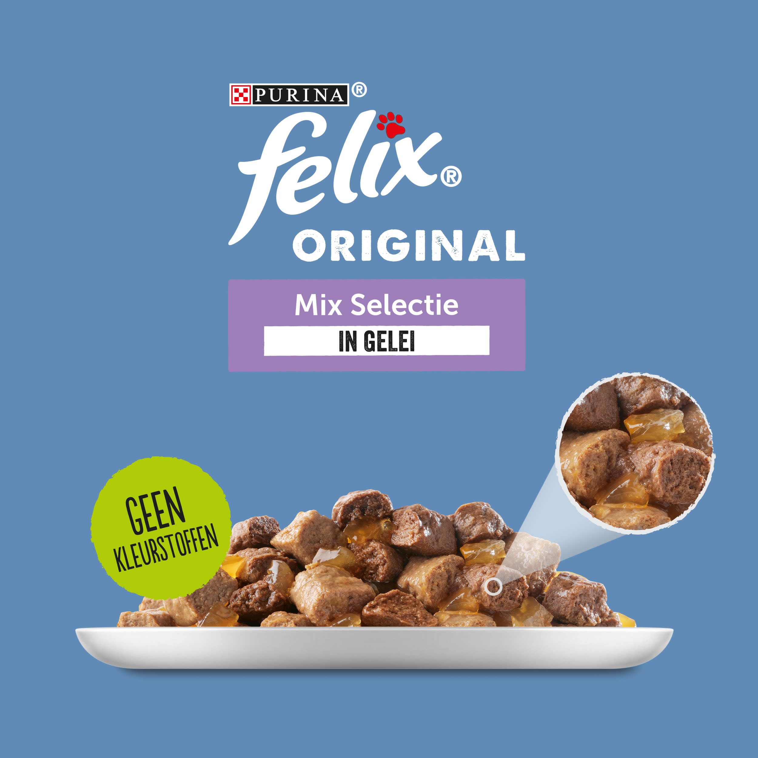 Felix Selección de Mezcla en Jalea de Comida para Gatos, Bolsas de Comida húmeda con Carne de Res, Pollo, salmón y atún, 44 x 85g (44 Bolsas de Comida; 3,7kg)