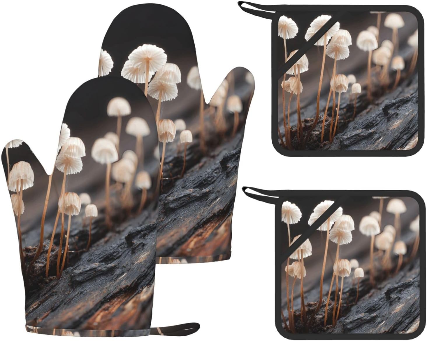 White Mushrooms 4pcs Oven Mitts and Pot Holders Sets for Kitchen, Silicone Oven Gloves Non-Slip Potholders Hot Pads for Baking Cooking