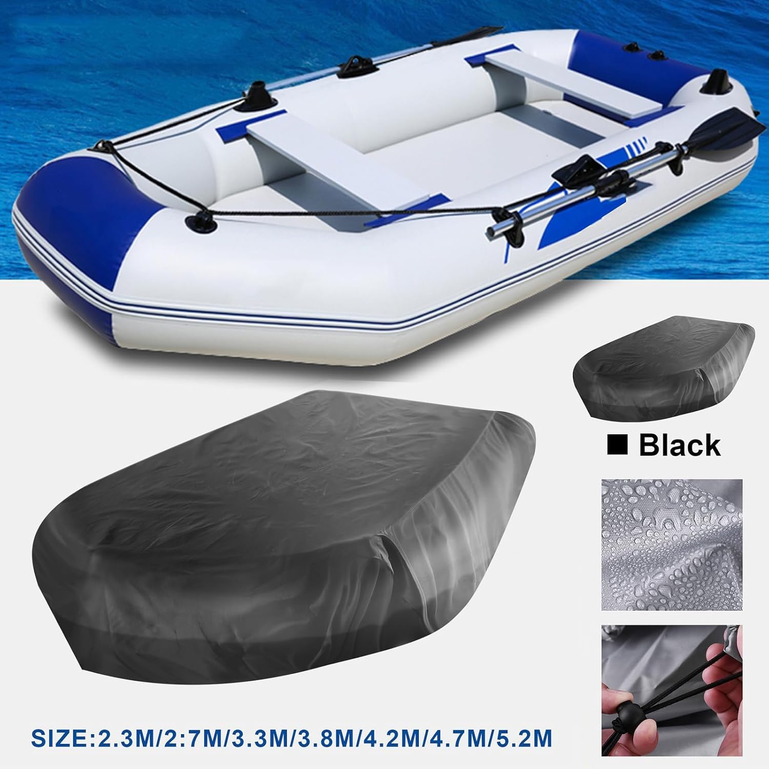 Coperture Della Barche, 420D Oxford Antipolvere Impermeabile Durevole, resistente ai raggi UV Scafo A V Telo Protettivo, Per Gommone Tri-Scafo barche da pesca Yacht (Nero, 380 * 94 * 46cm)