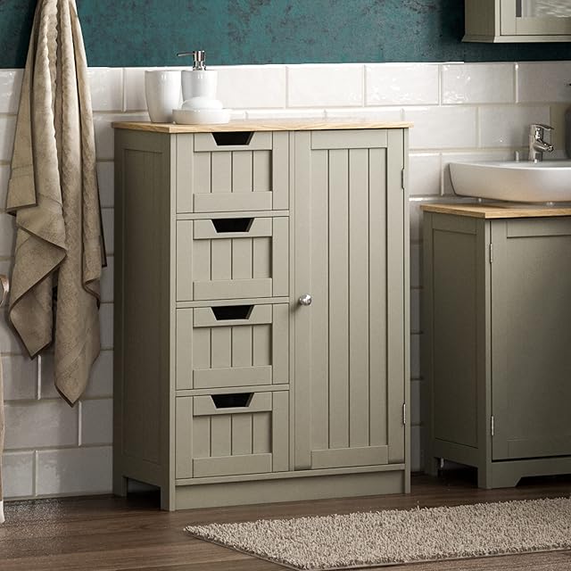 Bath Vida Priano Bathroom Cupboard 4 Drawer 1 Door Floor Standing Cabinet, Grey, Unit Storage Wood