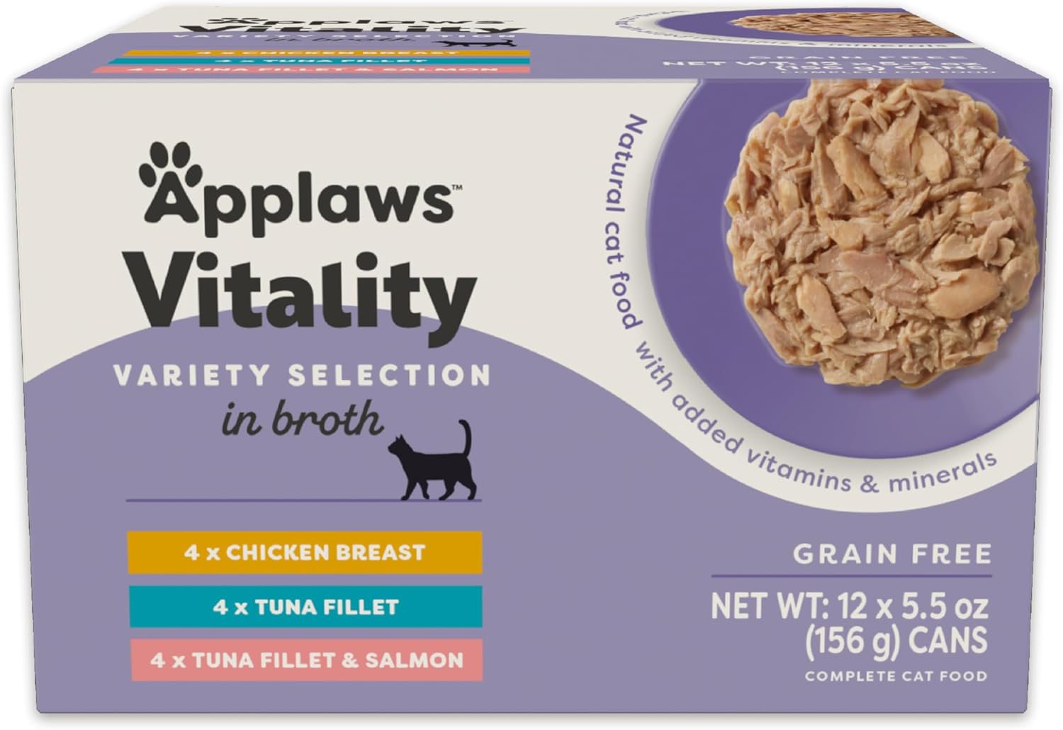 Applaws Vitality Wet Cat Food in Broth, Natural Cat Food with Added Vitamins & Minerals, Grain-Free, Carrageenan Free, Tuna Fillet in Broth (24 Count, 5.5oz Cans)