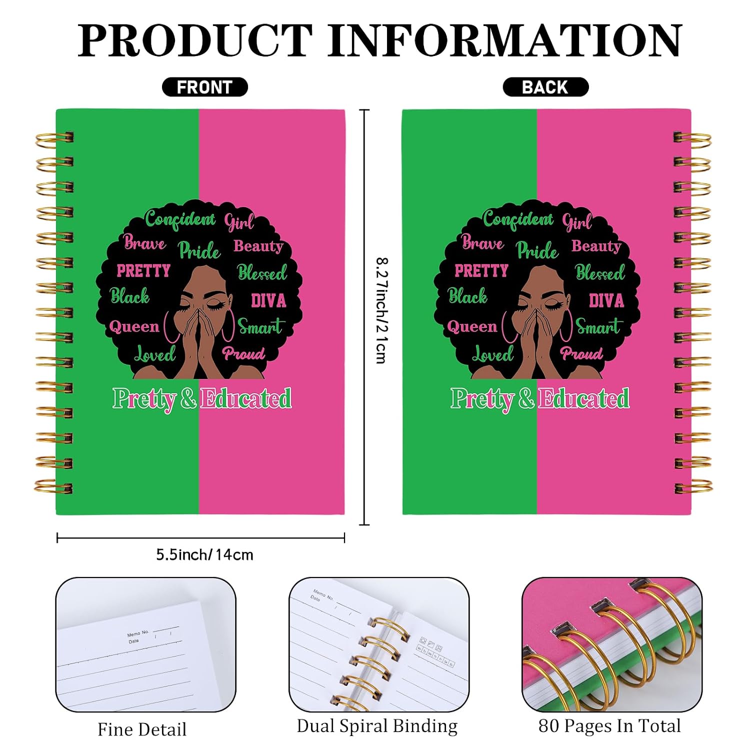 VeloKomo Sorority Gifts for Women - Pink Green Hardcover Spiral Notebook image 2