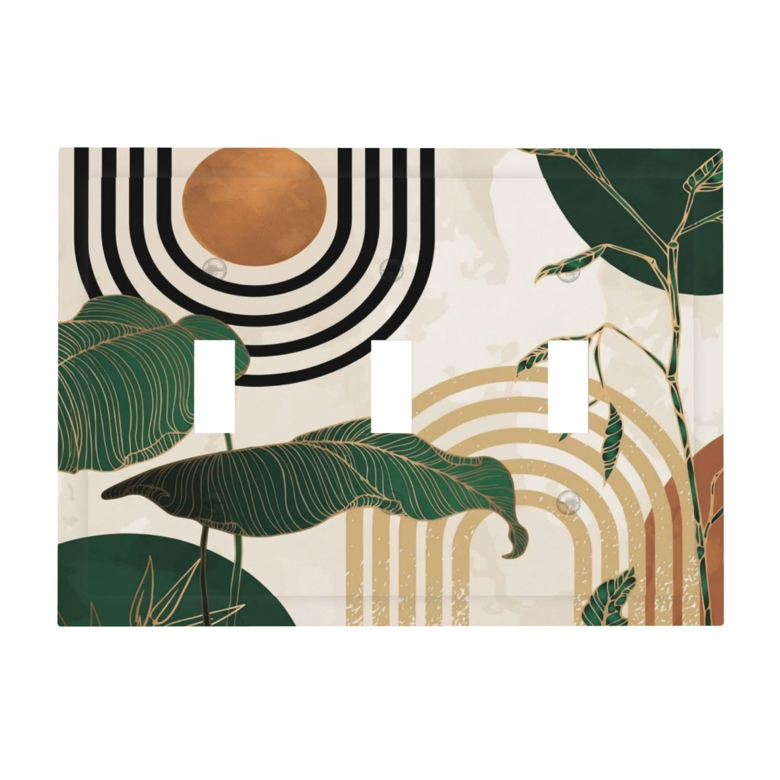 Mid Century Green Boho Sun Leaf 3 Gang Electrical Outlet Light Switch Cover Decorative Triple Toggle Wall Plate Electric Faceplate Switch Face Plate