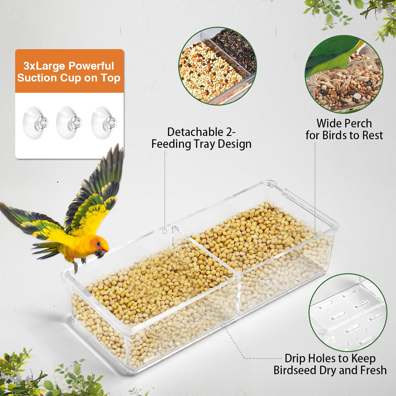 2 comederos para pájaros con ventana con 4 ventosas extrafuertes, comederos transparentes para pájaros, casa para pájaros para ver ventanas al aire libre, bandeja extraíble, casa de pájaros