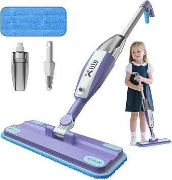 Xlife Kids Spray Mop & Sweeper Set Age 3-8 with Real Water Spray, Montessori Pretend Play Gift, Washable Microfiber Pads & Storage Hanger Purple