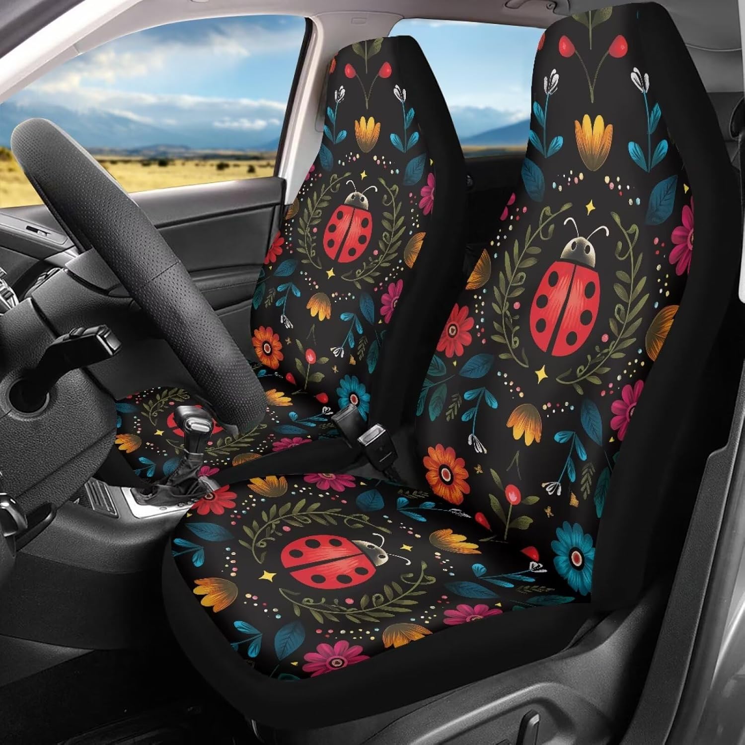 Bulopur Floral Ladybug Car Seat Covers Front Seats Only Breathable Automotive Vehicle Seat Cover 2pcs, Universal Auto Front Seats Protector Fits for Car,SUV Sedan,Truck Easy to Install