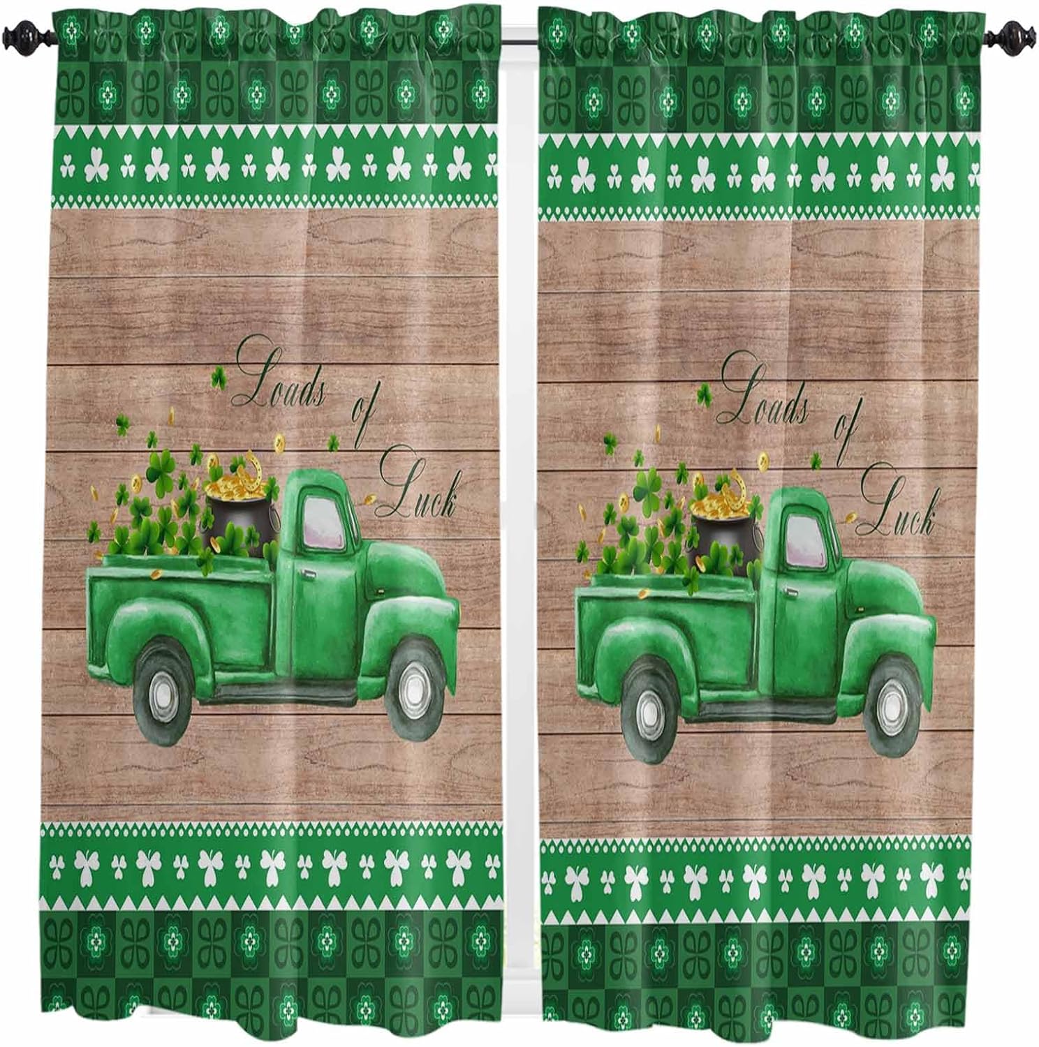 St.Patricks Day Window Treatment Panels, Light Filtering Curtains Drapes for Home, Living Room, Bedroom, Kitchen, Hotel 42x45inchx2, Truck with Loads of Luck Clover Brown Wooden