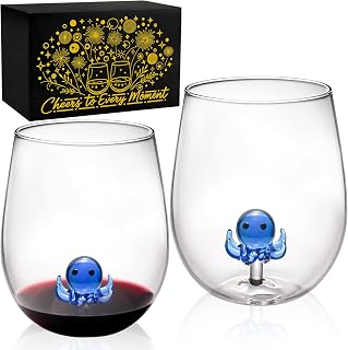 3D Octopus Decor Handblown Drinking Stemless Wine Glasses, Set of 2 with Cute Blue Octopu Inside, Mothers Day Gifts, Nautical Themed Unique Wine Glass Cups for Birthday Wedding Party (14oz)