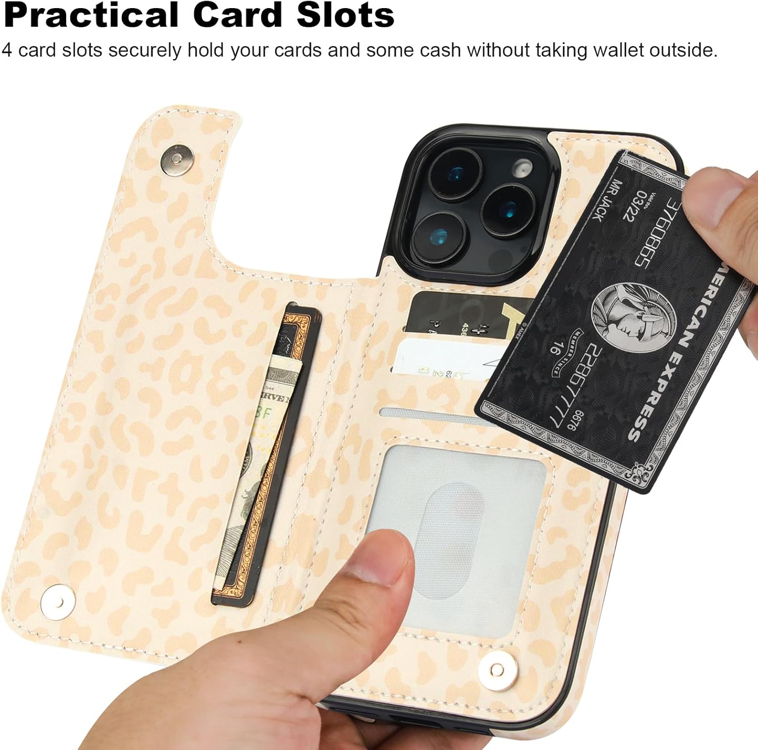 HAOPINSH for iPhone 16 Pro Max Wallet Case with Card Holder, Cream-Coloured Leopard Pattern Back Flip Folio PU Leather Kickstand Card Slots Case for Women Girls, Double Magnetic Clasp Shockproof 6.9" - Image 3