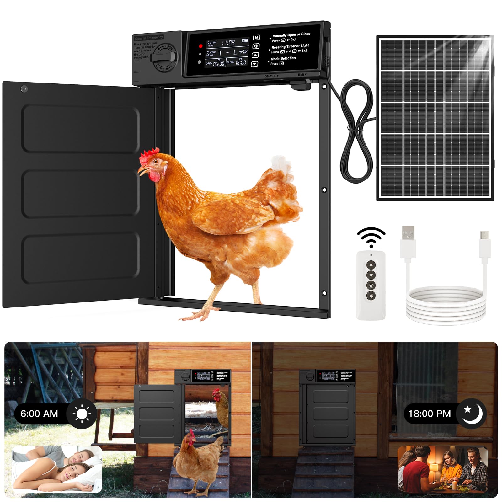 Automatic Chicken Coop Door, Large Size Solar Powered Coop Door with Opening in Emergency, Anti-Pinch, Timer & Light Sensor, Aluminum Waterproof Auto Chicken Door, with 7W Solar Panel