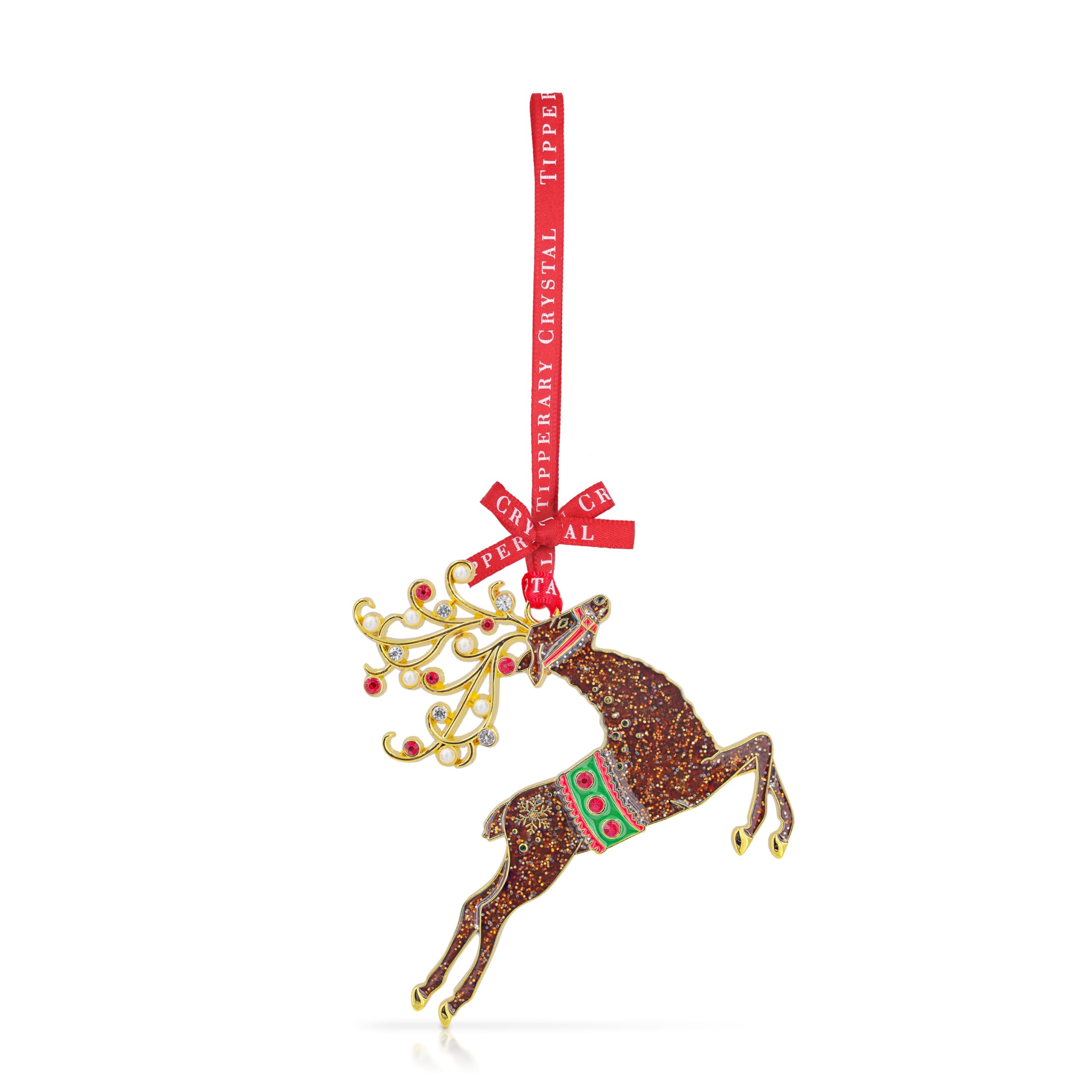 Tipperary Crystal Gold, Green, Red Sparkling Christmas Reindeer Ornament – Elegant Festive Hanging Decoration With Crystal Accents