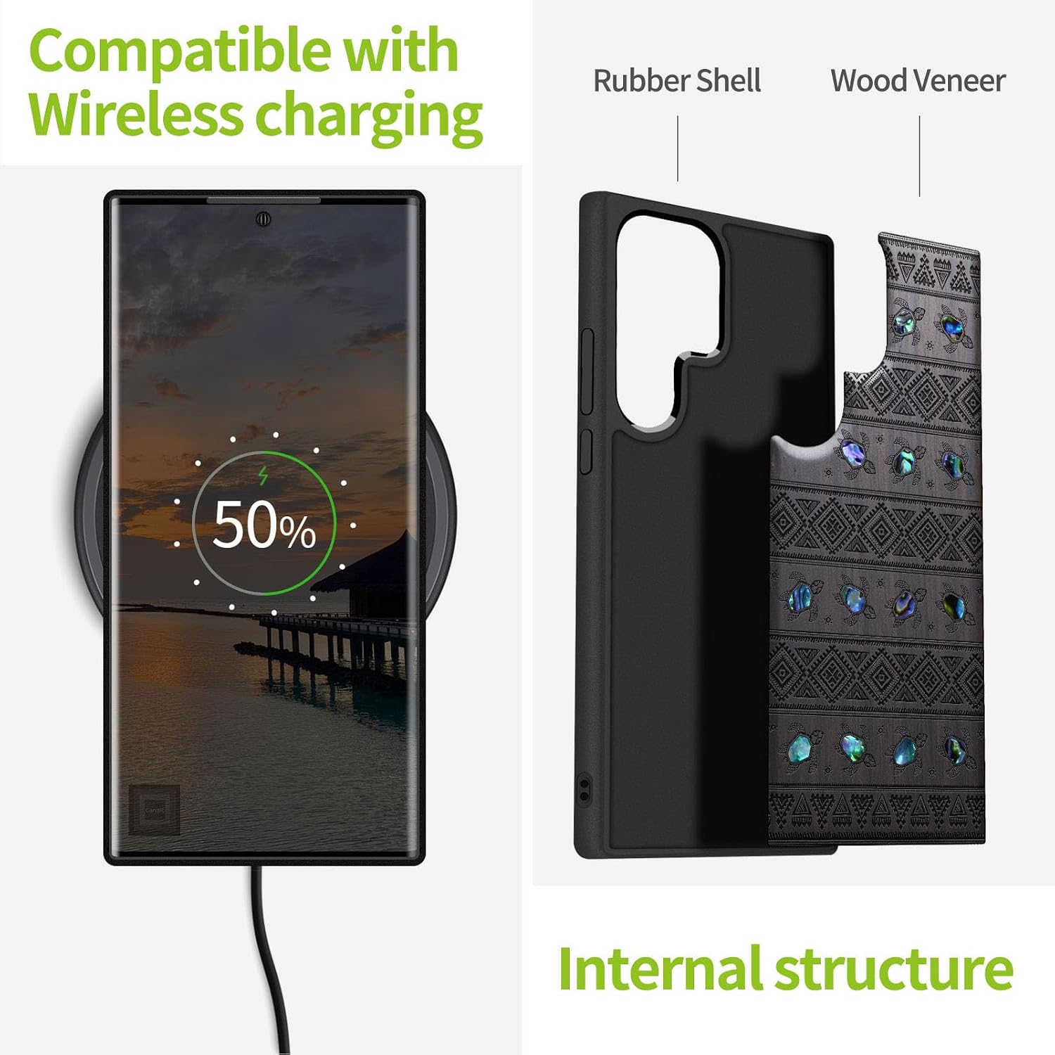 Carveit Designer Wooden Cover for Samsung Galaxy S22 Ultra Case [Wood Engraving & Shell Inlay] Compatible with Wireless Chargers Galaxy S22 Ultra (Sami Turtles-Blackwood)