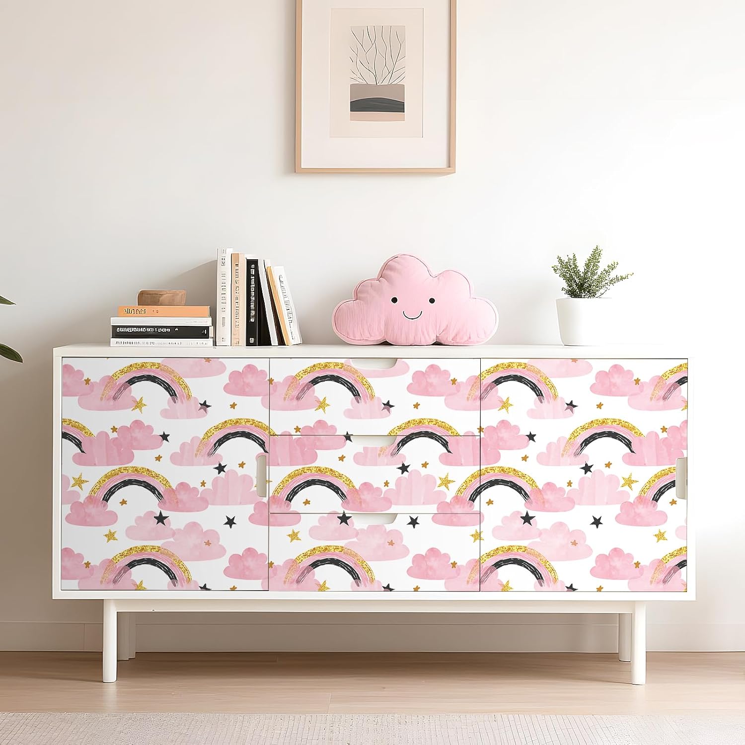 LACHEERY 17.5"x275" Watercolor Rainbow Peel and Stick Wallpaper Pink Cloud Wallpaper Gold Black Pink Cartoon Rainbow Contact Paper for Cabinets and Drawers Kids Room Classroom Nursery Wall Paper Roll