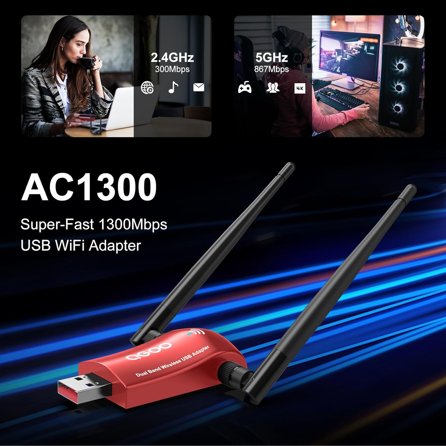 QGOO USB WiFi Adapter with antennas attached, plugged into a laptop