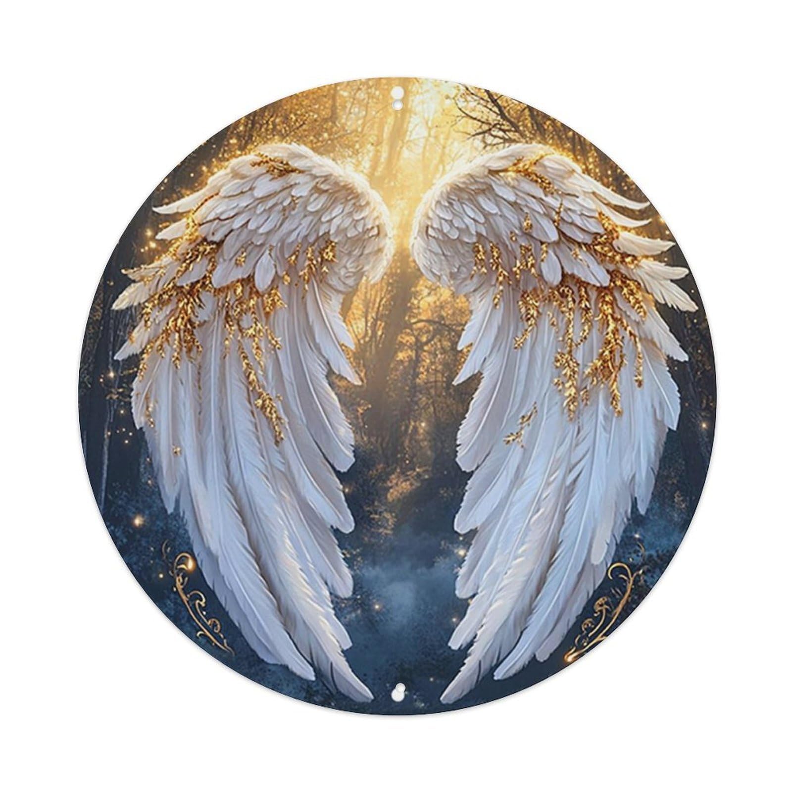 Golden White Angel Wings Pattern Vintage Metal Tin Sign Retro Wall Decor for Home Bar Garage Cafe, Indoor & Outdoor Decorative，circle Metal Poster, 8x8 Inch