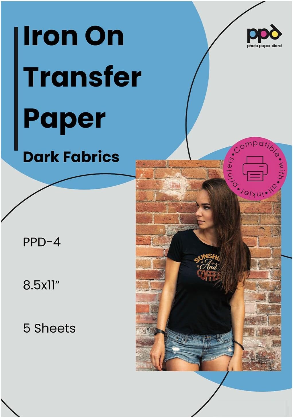 PPD 5 Sheets 8.5x11 - Inkjet Iron-on Heat Transfer Paper for Black & Dark Fabric and T-Shirts - Premium - PPD-4-5
