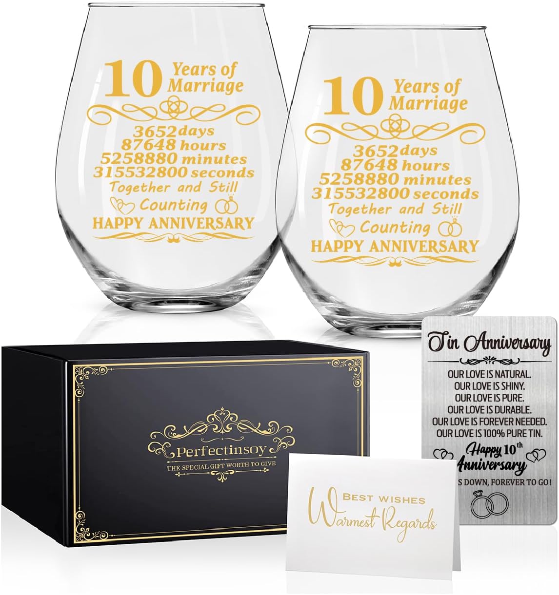 Perfectinsoy 10 Years of Marriage Wine Glasses Set of 2 with Metallic Memorial Card, 10th Birthday Wedding Gifts for Mom, Dad, Wife, Soulmate, Couple, Funny 10 Years Milestone Gift, Wedding Gift
