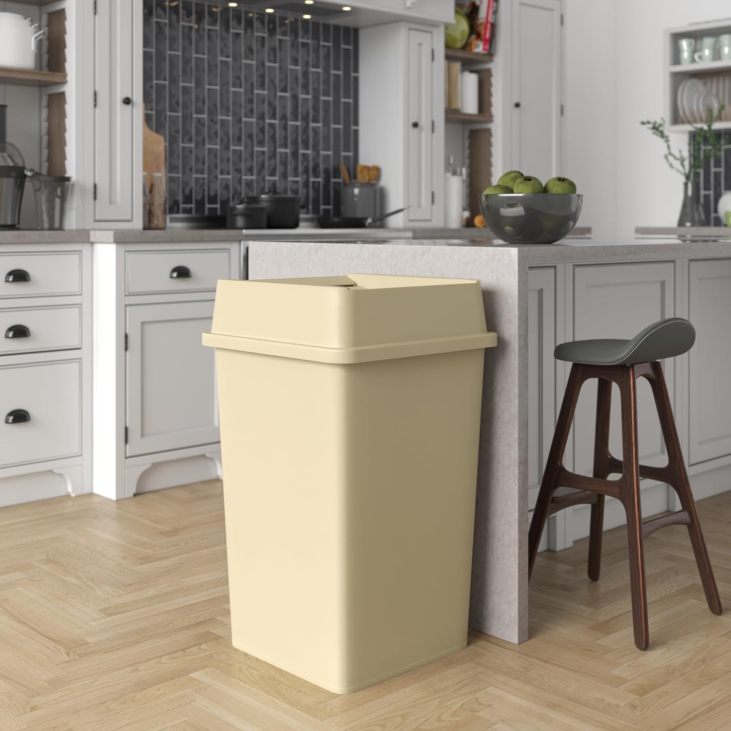 35 Gallon Beige Square Commercial Trash | Garbage Can with Lid - Office, Outdoor, Restaurant, School, Kitchen