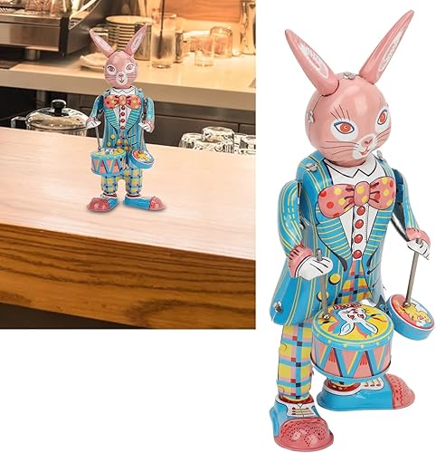Miniatura 5 de Juguete de lata de conejo para enrollar, lindo juguete de relojería, baterista oscilante para caminar, juguete de metal, recuerdo de fiesta, juguete