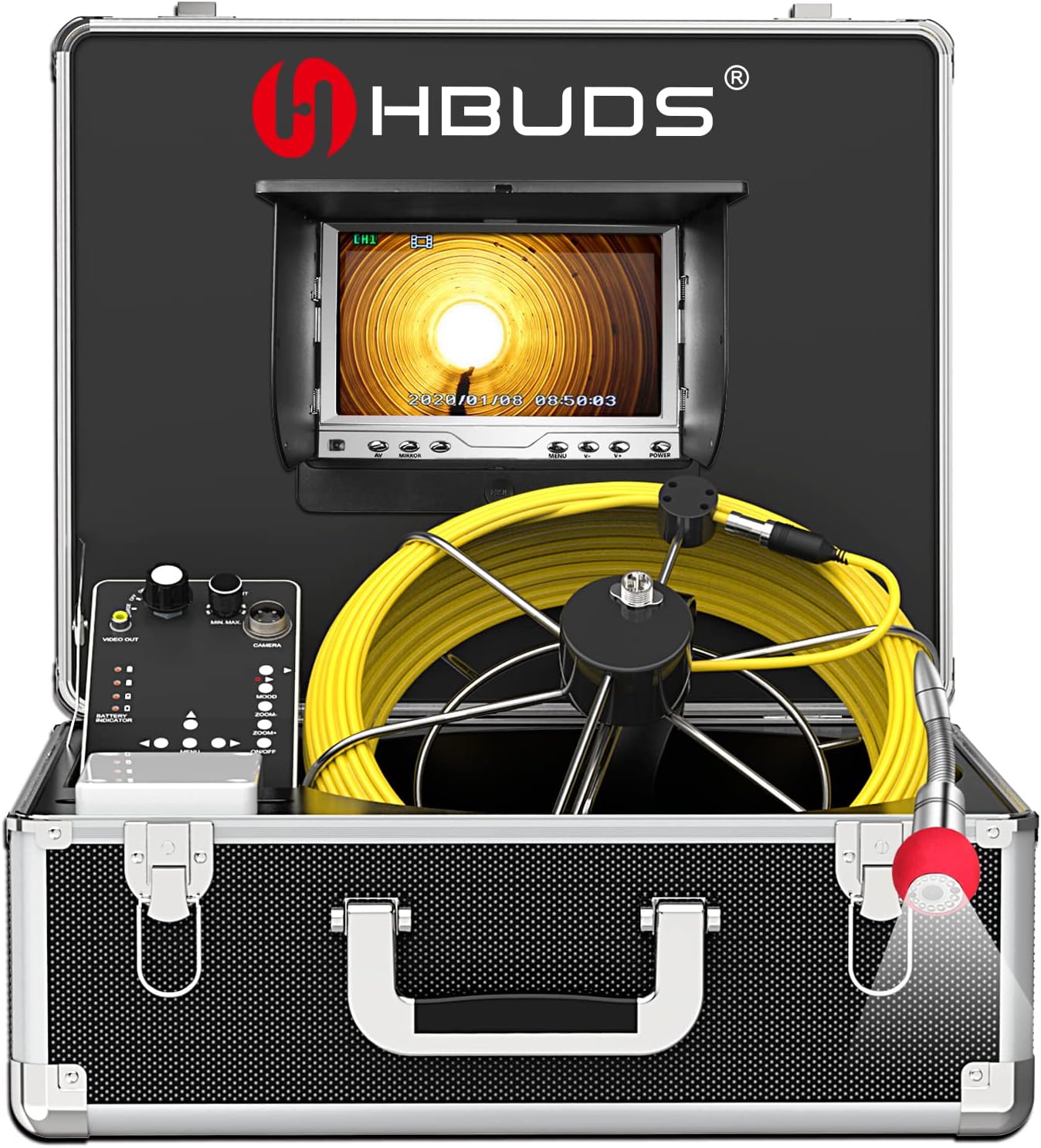 Pipe Camera, 50M/165ft Cable, 7 Inch LCD, Black, Wired, IP68 Waterproof