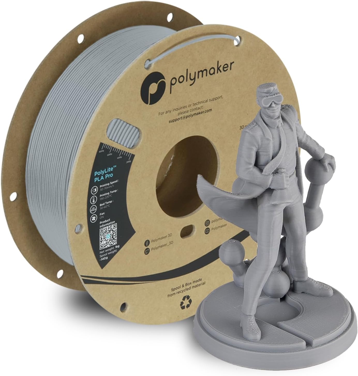Polymaker PLA PRO Filament 1.75mm 1kg, Tough & High Rigidity Grey 3D Printing Filament, PolyLite PLA PRO 3D Printer Filament 1.75mm, Print with Most 3D Printers