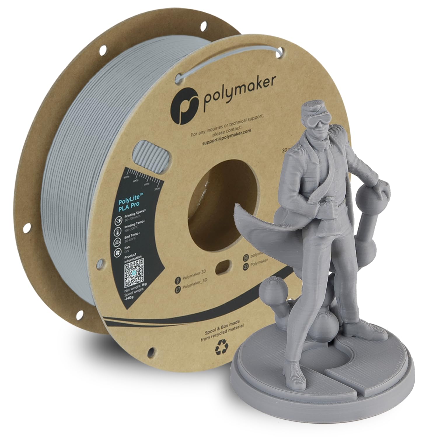 PLA PRO Filament 1.75mm 1kg, Tough & High Rigidity Grey 3D Printing Filament, PolyLite PLA PRO 3D Printer Filament 1.75mm, Print with Most 3D Printers