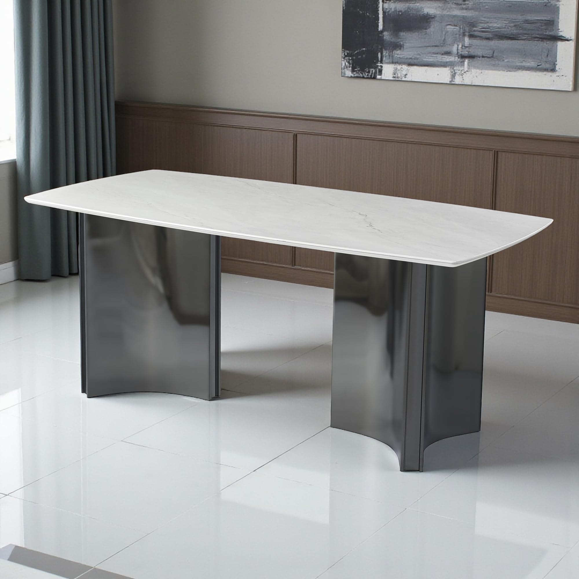 the attic modern marble dining table, white stone top, glossy black metal base, 6 seater dining table for home & office
