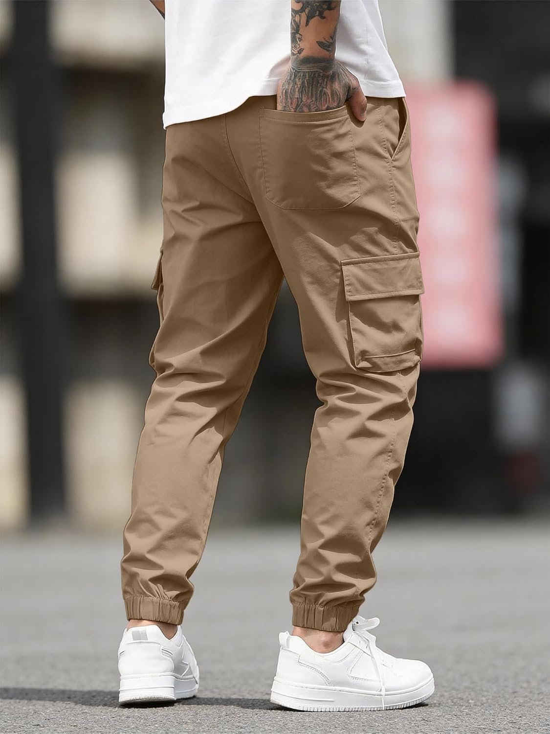 JEMLDL Mens Casual Cargo Joggers Pants—Pure Cotton Chino Pants Drawstring Hiking Outdoor Twill Sweatpants with Zipper Pocket - Image 4