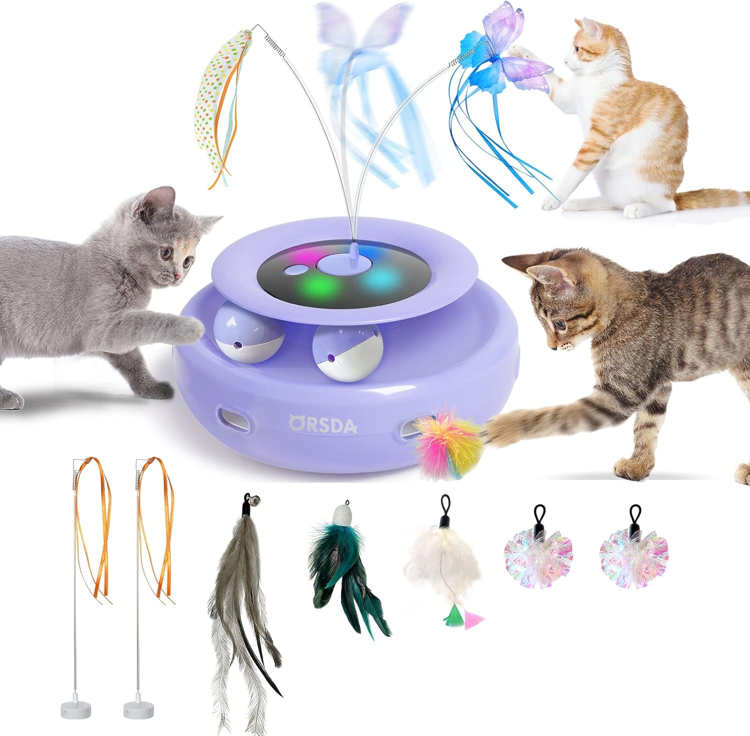 ORSDA Cat Toy, 3-in-1 Automatic Cat Toys for Indoor Cats, Rechargeable Power Interactive Feather Toys for All Breeds, Replacement Attachments 7PCS Cat Teaser Toy