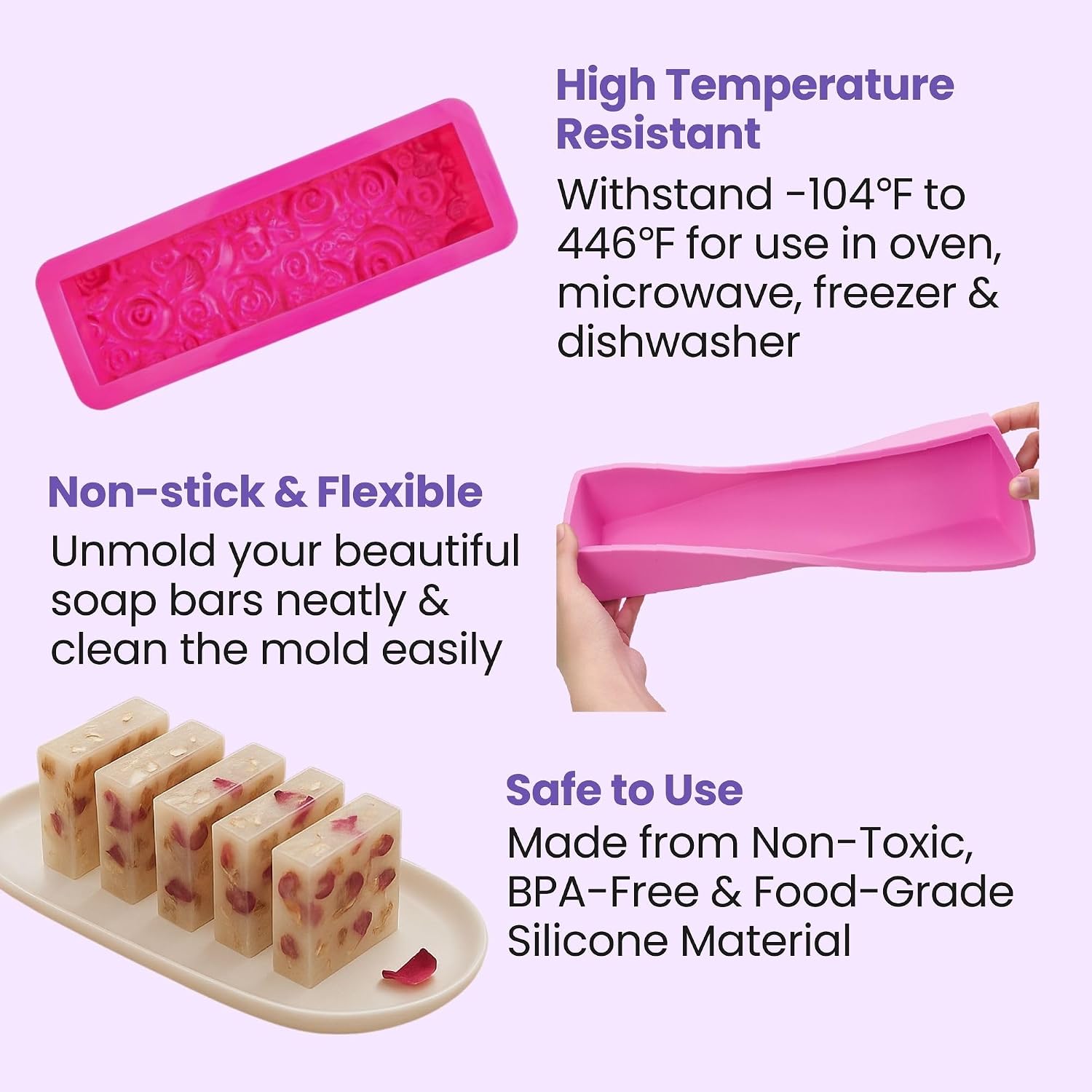 6 Pack Soap Making Silicone Loaf Molds with Wood Boxes & Cutters - 42oz Classic & Rose Loaf Molds, 2pcs Wood Mold Holders, Straight & Crinkle Slicer for Soap, DIY Soap Kit Supplies Accessories & Tools