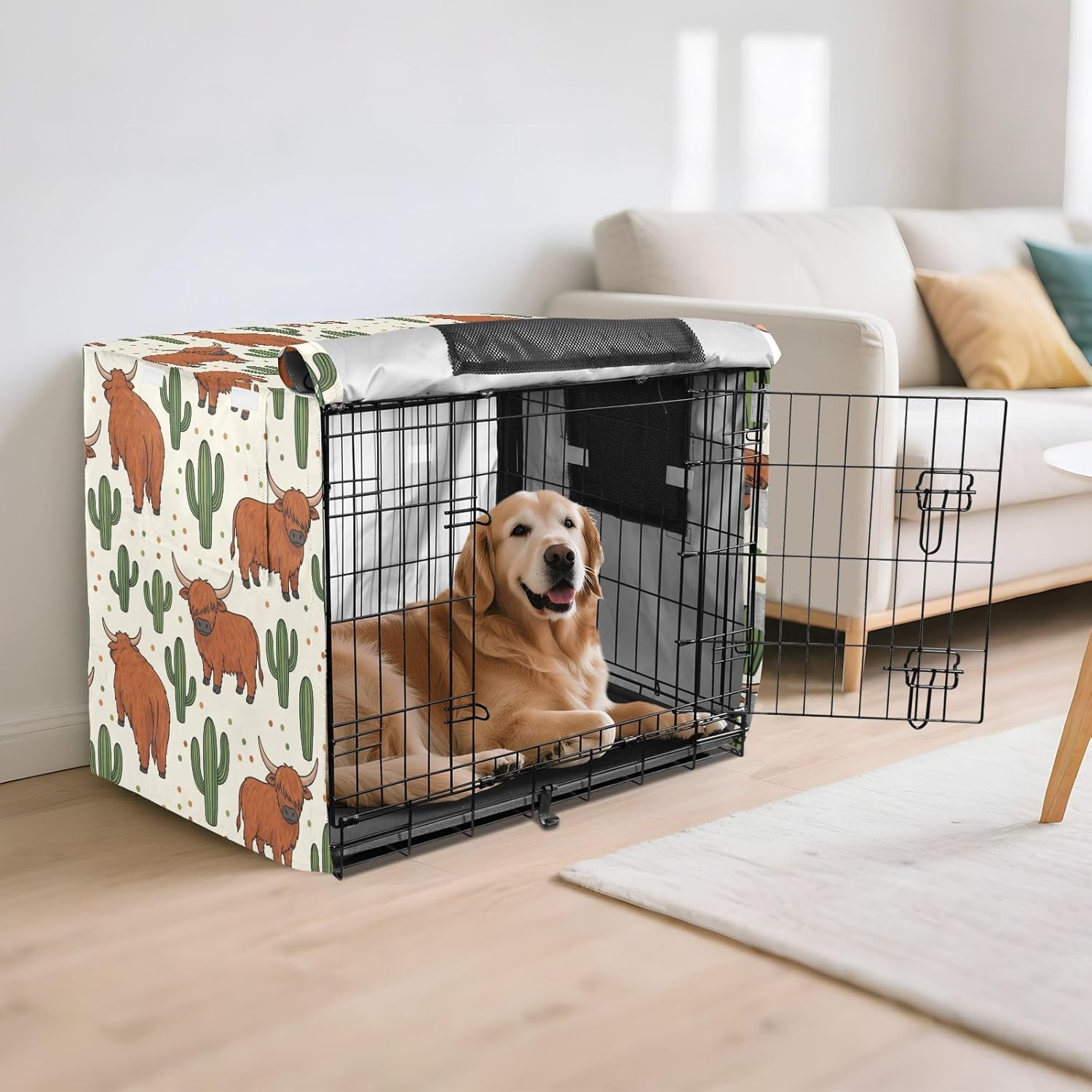 Duty 600D Silver Coated Dog Crate Cover, Water-Resistant Highland Cow Pet Kennel Canopy with Mesh Windows for Optimal Ventilation, Universal Fit for Standard Wire Cage, Indoor & Travel
