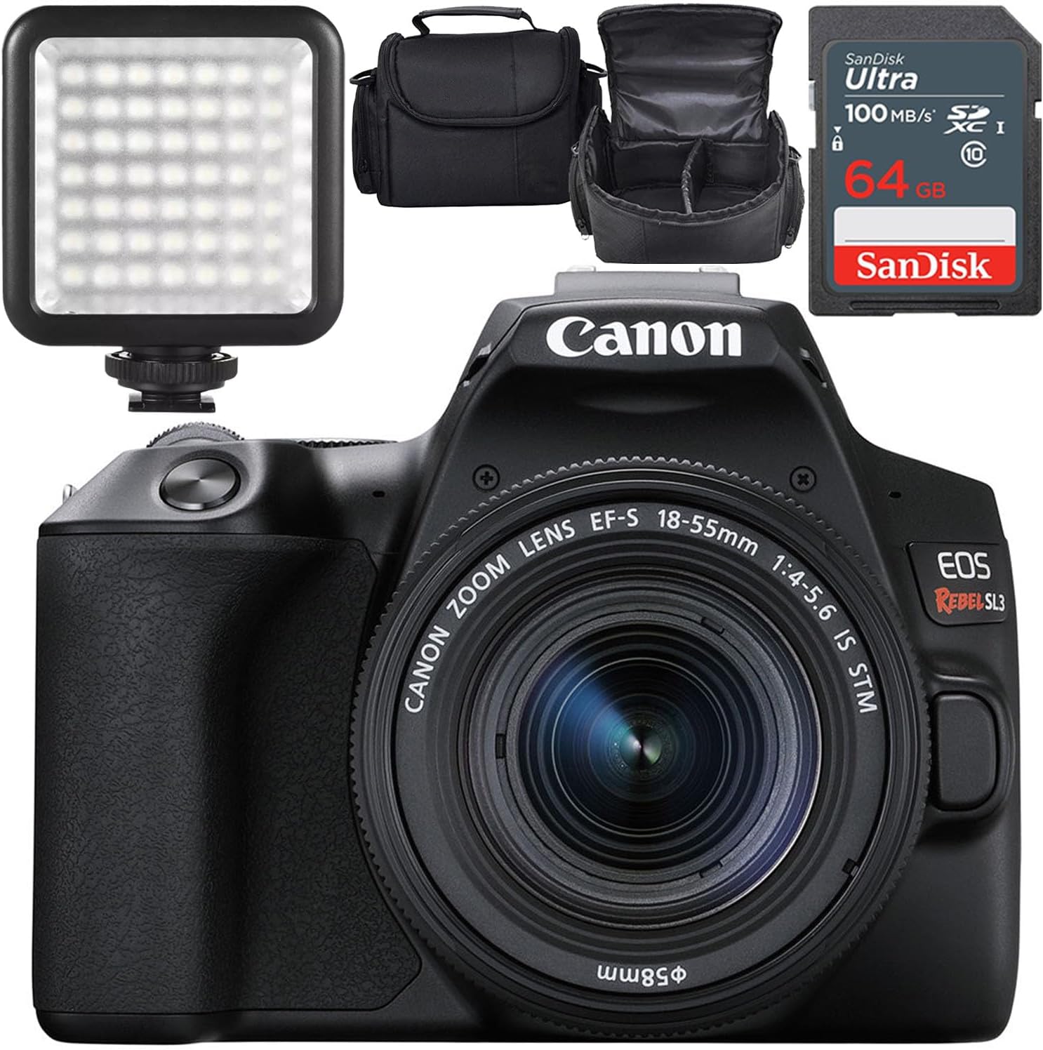 Canon EOS Rebel SL3 DSLR Camera w/Canon EF-S 18-55mm f/4-5.6 is STM Lens + LED Video Light + Camera Case + 64GB Memory (13pc Bundle) (Renewed) Canon EOS Rebel SL3 DSLR Camera w/Canon EF-S 18-55mm f/4-5.6 is STM Lens + LED Video Light + Camera Case + 64GB Memory (13pc Bundle) (Renewed)