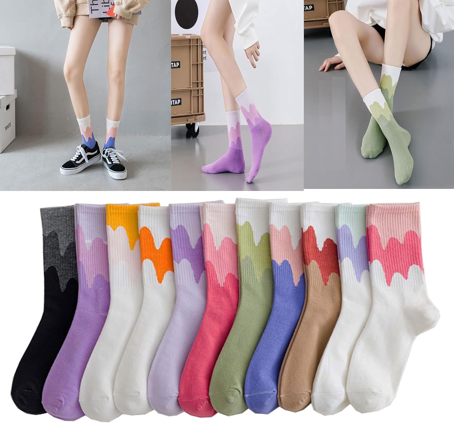 Colorblocked Crew Socks Gradient Wave Quartz Socks Novelty Dress Socks for Women, Men, 11 Pack - Image 3