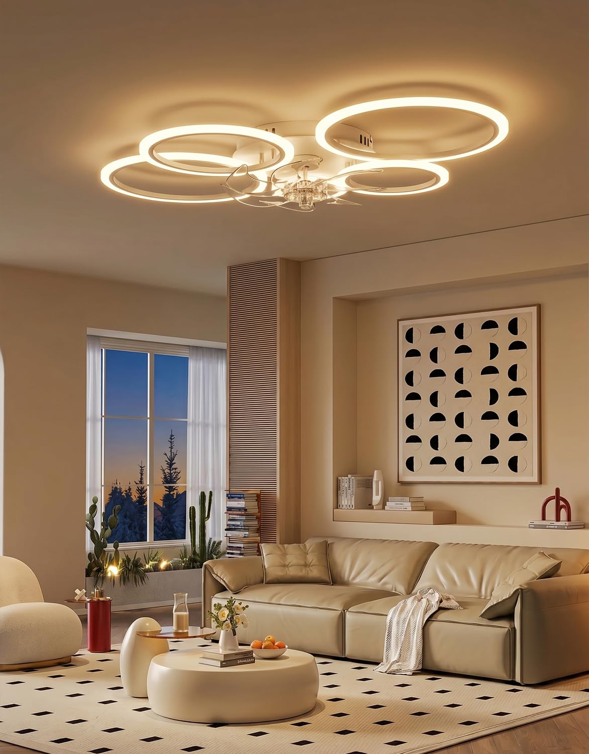 Lampara Ventilador Techo Led Compatible con Alexa, Google Assistant, Anillo Ventiladores de Techo con Luz Silencioso, Regulable, 6 Velocidades, Motor DC, Modo Verano/Invierno