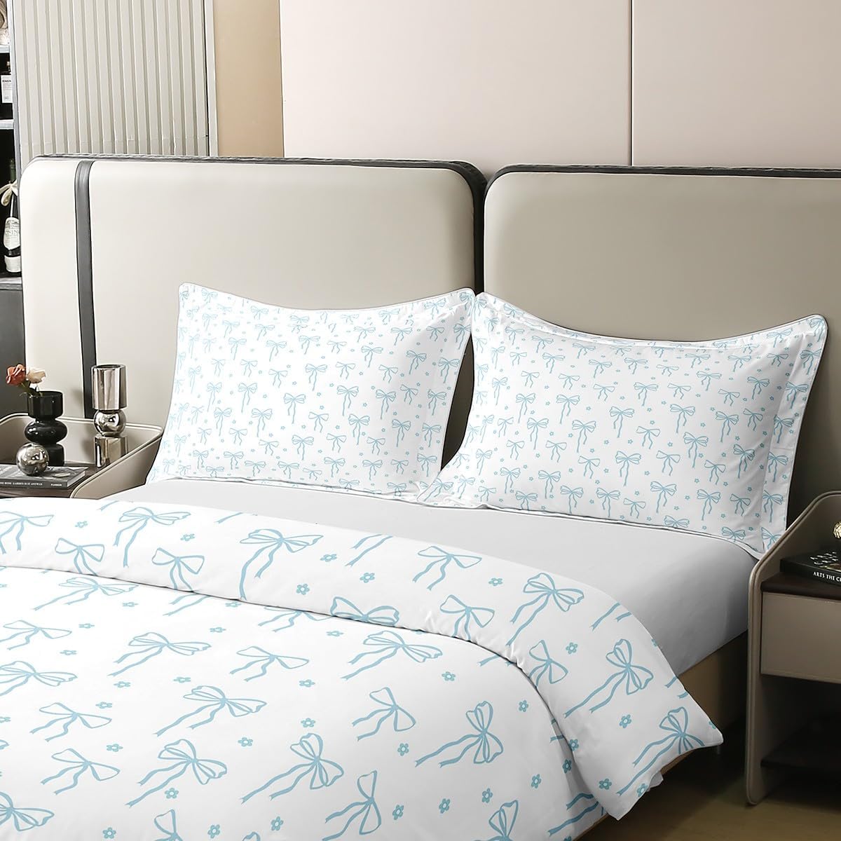Castle Fairy Blue Bow 100% Cotton Duvet Cover Set Full Size,Bow Print Bedding Set 3Pcs for Kids Teens Adults Room Decor,Flower Floral Comforter Cover Princess Quilt Covers,2 Pillowcases