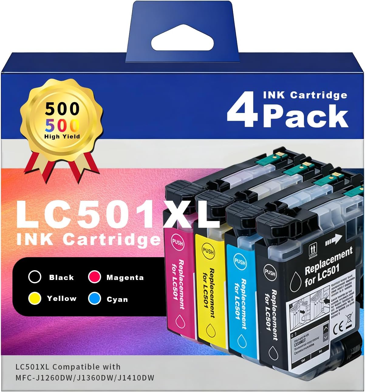 AURASKY LC501XL Ink Cartridges High Yield for Brother LC501 LC501XL — Compatible with MFC-J1260DW / J1360DW / J1410DW Color Inkjet Printers — Replacement Black, Cyan, Magenta, Yellow (4-Pack)