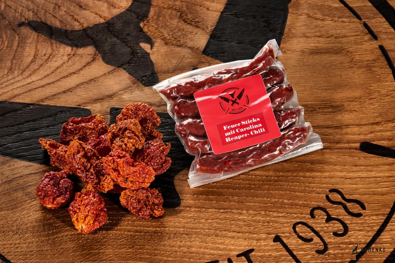 Zweierlei SALAMI STICKS in edler Geschenkbox | JACKY + FEUER Sticks | 300 Gramm | eigene Herstellung | Männergeschenk | Pfefferbeißer | Rauchpeitschen