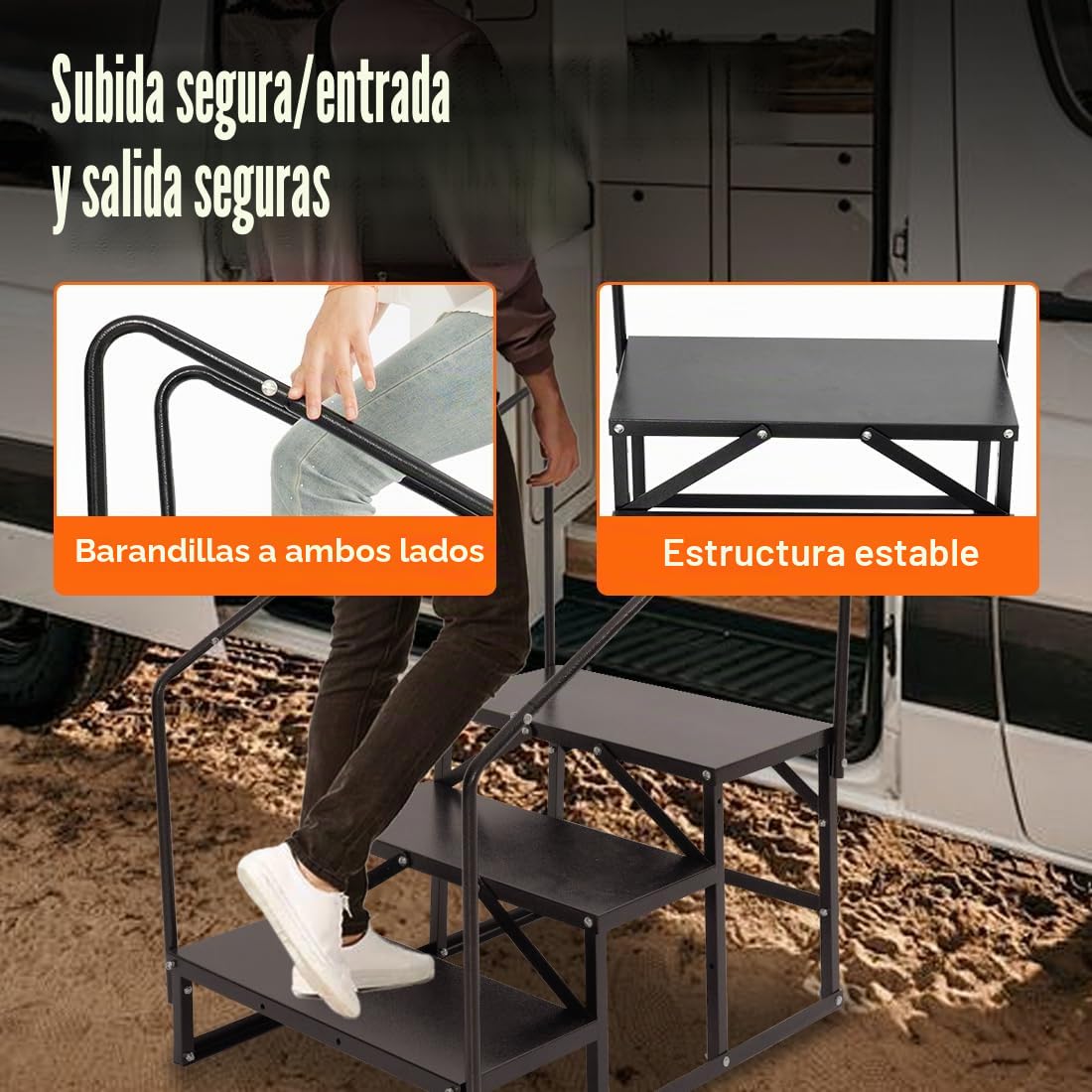 Escalera de 3 niveles para caravana, antideslizante, escalera de hidromasaje con pasamanos, 3 niveles para caravanas, camping, autocaravanas, escaleras portátiles para remolques de viaje