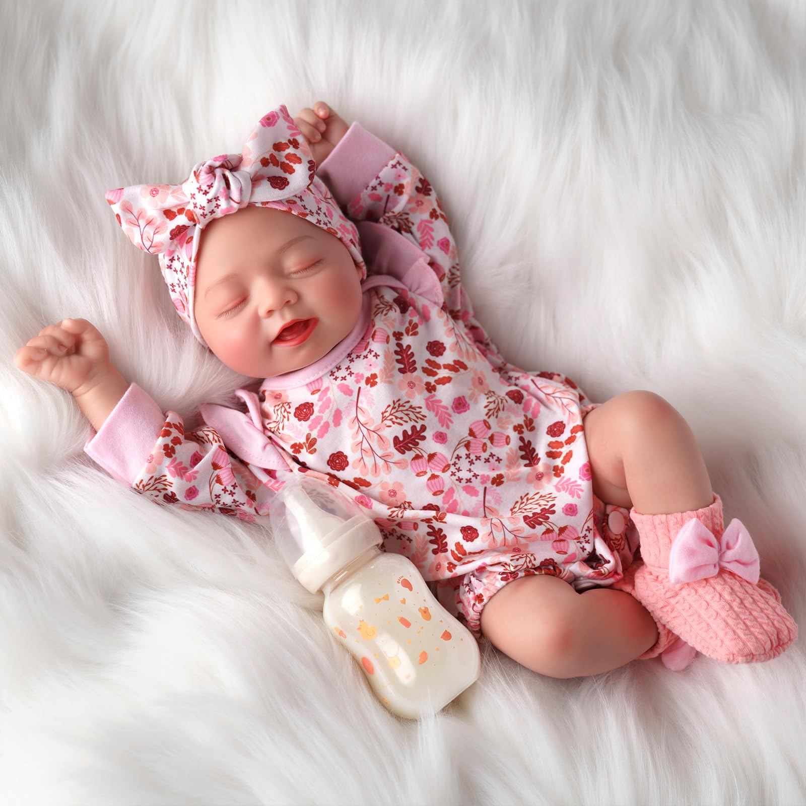 BABESIDE Lebensechte Reborn-Babypuppen 43 cm Realistische Schlafende Neugeborene-Puppe, Handgemachte echte Babypuppe mit rosa Blumenkleidung und Spielzeugaccessoires, Geschenk für Kinder ab 3 Jahren