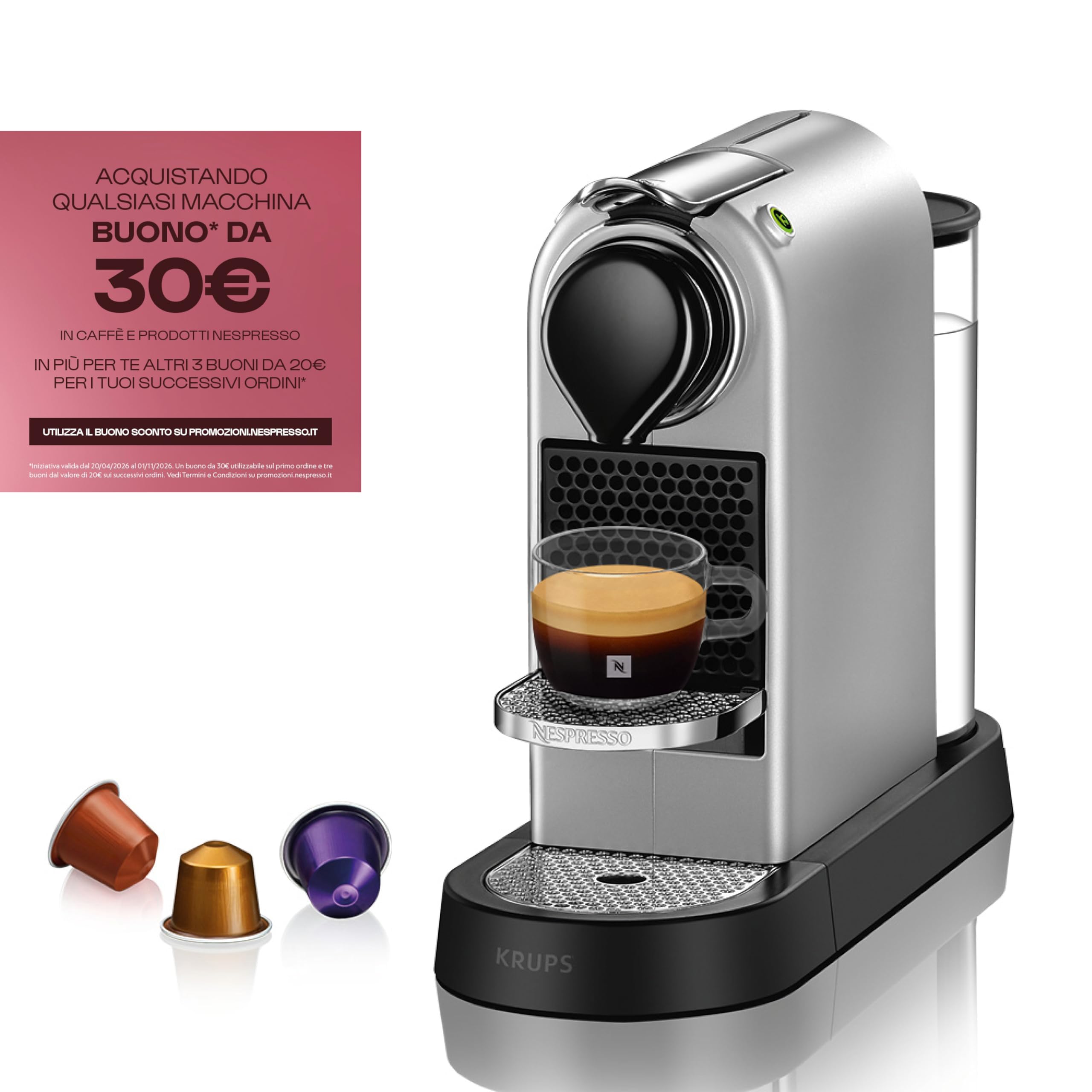 Nespresso Citiz XN741B, Macchina da caffè di Krups, Sistema Capsule Nespresso, Serbatoio acqua 1L, Colore Argento